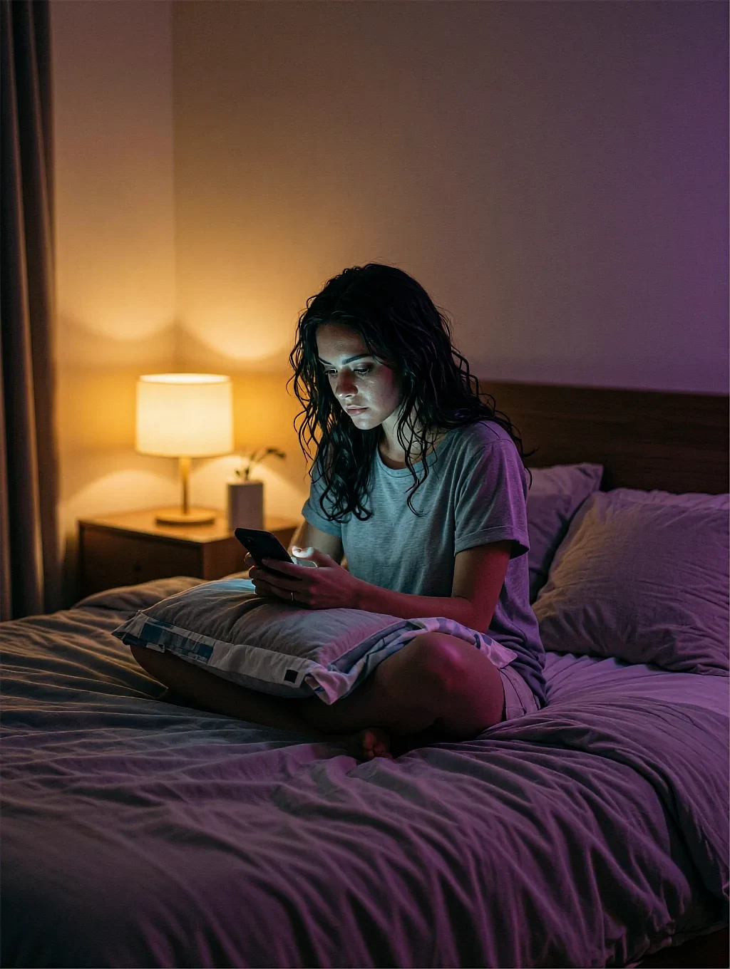 Fictional AI girlfriend character reading in bed by lamplight inside the app
