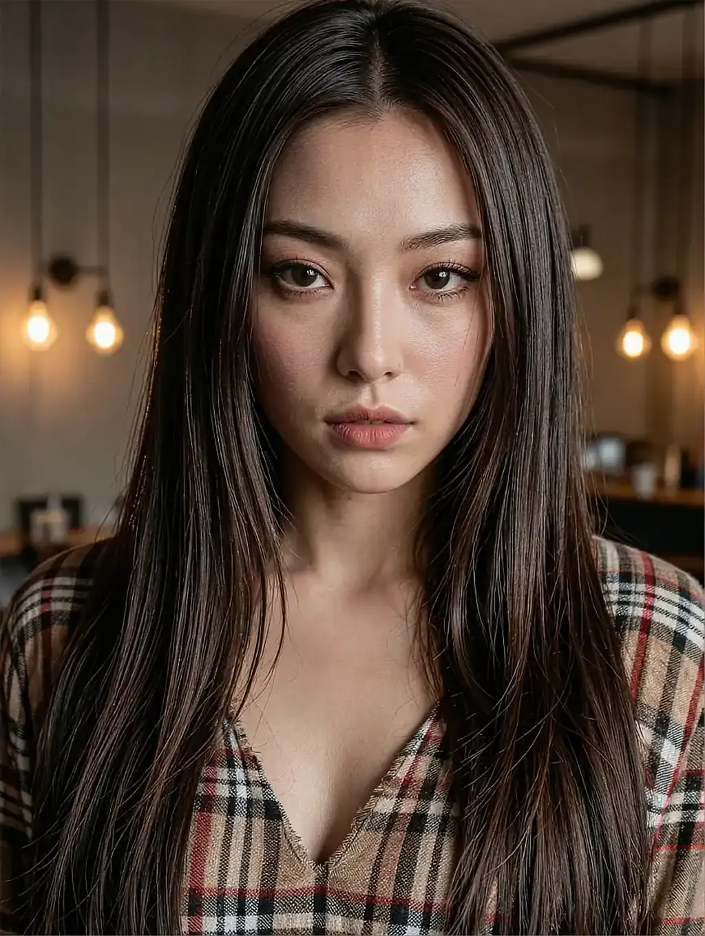 Fictional AI girlfriend character in a checked shirt indoors, opened from a pinned home icon