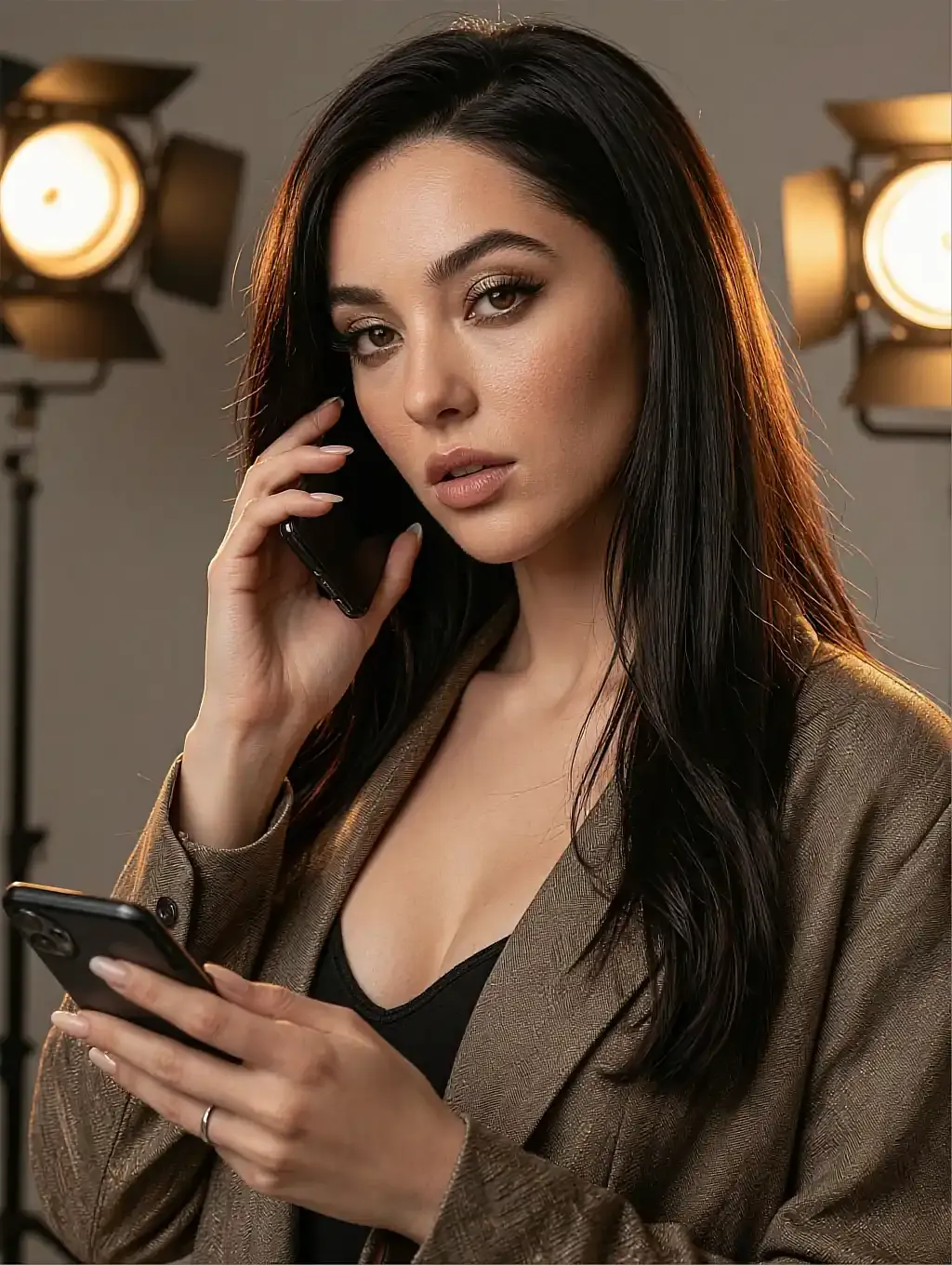 Mira, a fictional AI girlfriend character, on her phone under warm street lamps