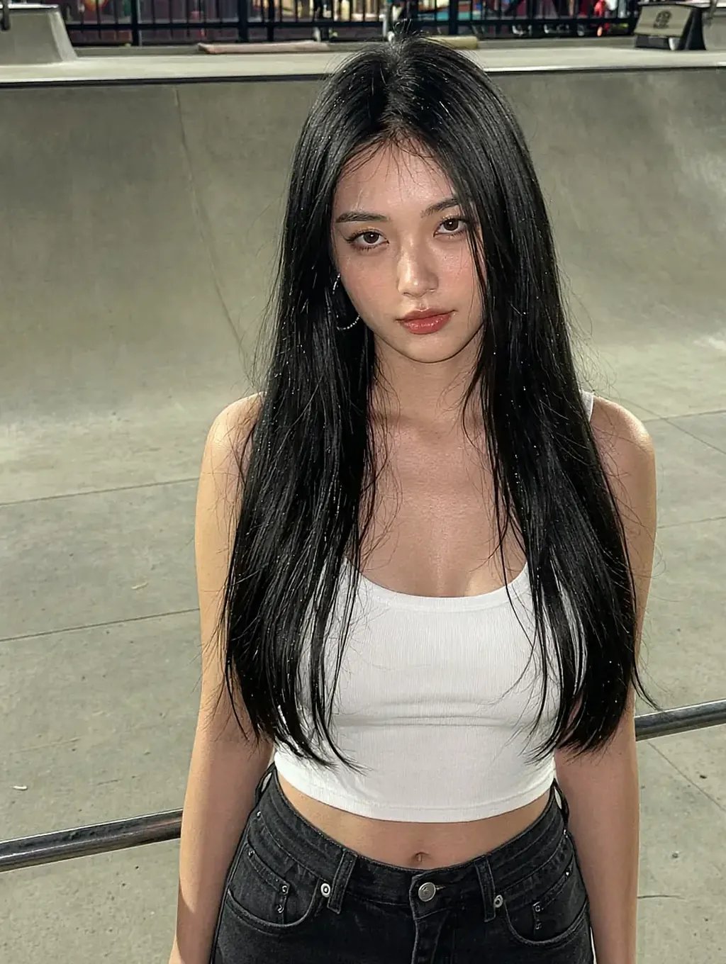 Isolde, a fictional AI girlfriend character, in a white top against a night skyline