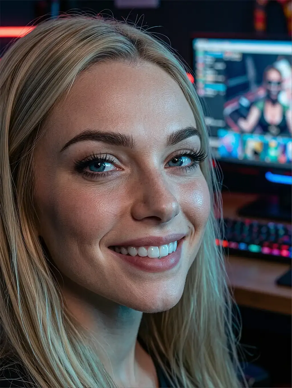Kes, smiling in front of a screen-lit desk, shown in the comms window of the free-tier panel