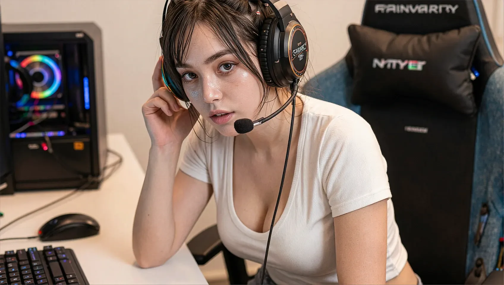 Wide frame of a fictional AI girlfriend character wearing a headset at a screen-lit desk