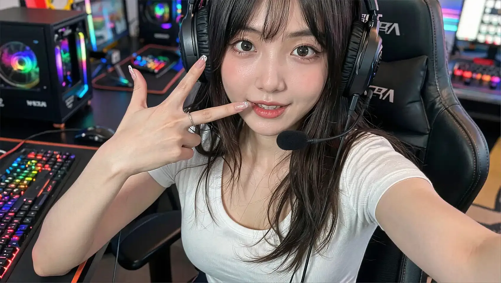 Wide frame of a fictional AI girlfriend character at a desk of monitors in the evening